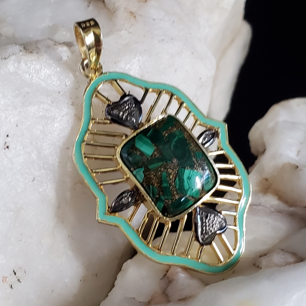 Sterling Silver 925/18kt Gold Genuine Malachite/Diamond Gemstone - Picture 8 of 13